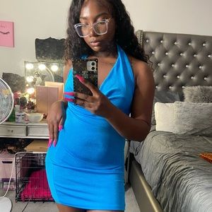 Blue Boohoo Slinky Mesh Cowl Neck Mini Dress
